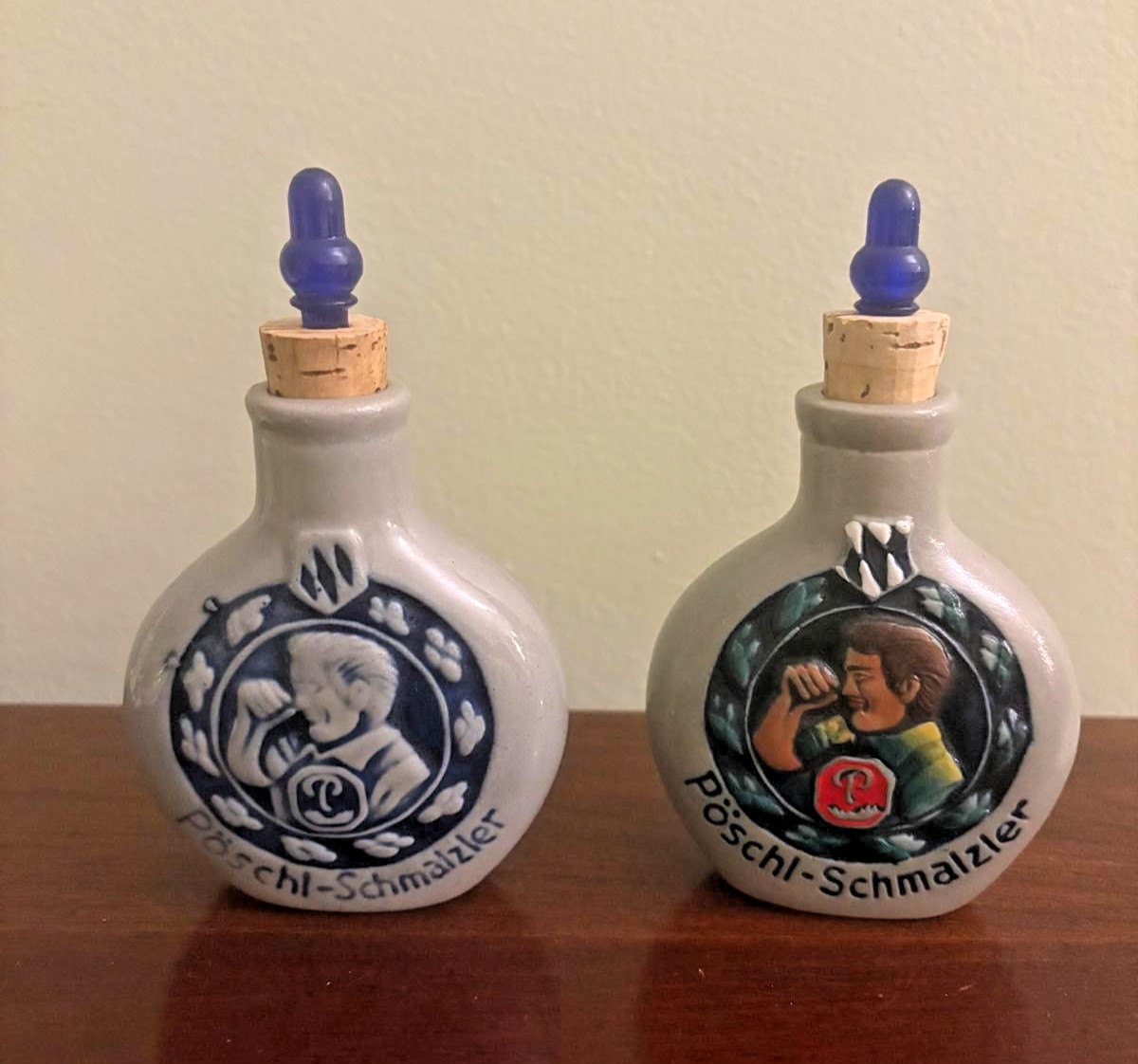 Pair of Vintage German Poschl-Schmalzler  Stoneware Snuff bottles with stoppers