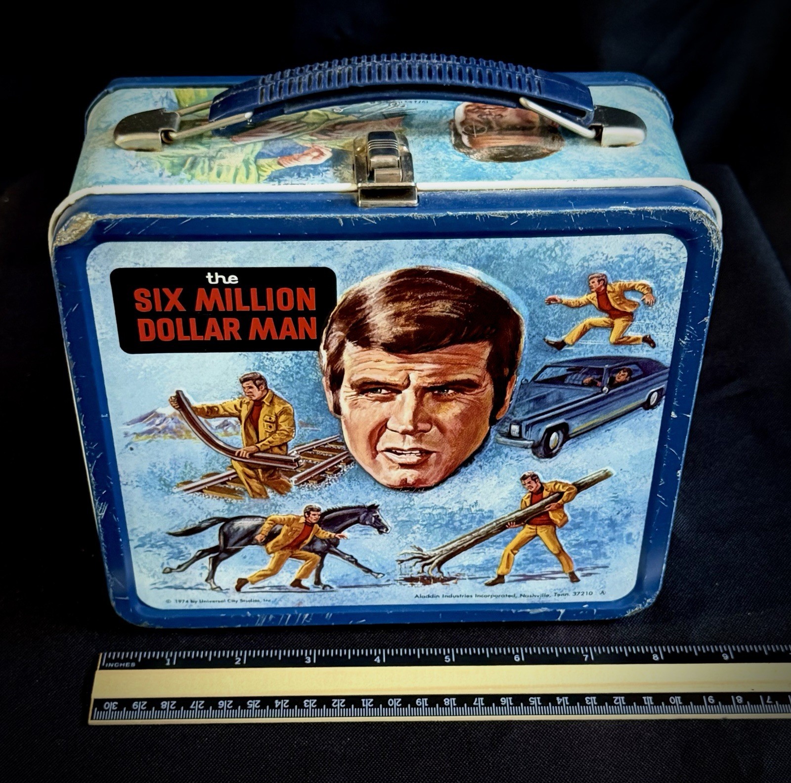 Vintage 1974 The Six Million Dollar Man metal lunch box and thermos by Aladdin