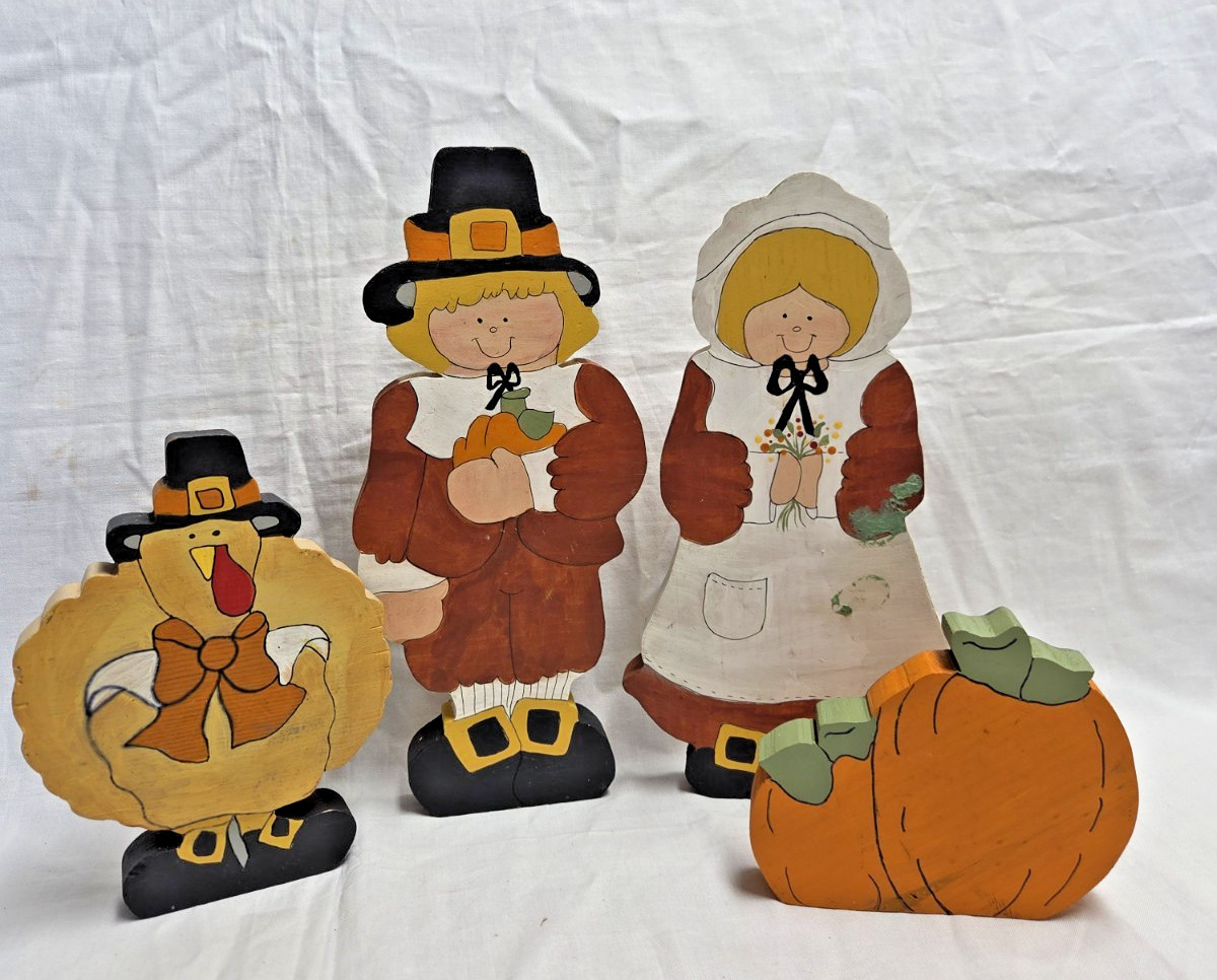 Vintage 80s Folk Art Wood Thanksgiving Set, Rustic Fall Shelf Sitters, Harvest