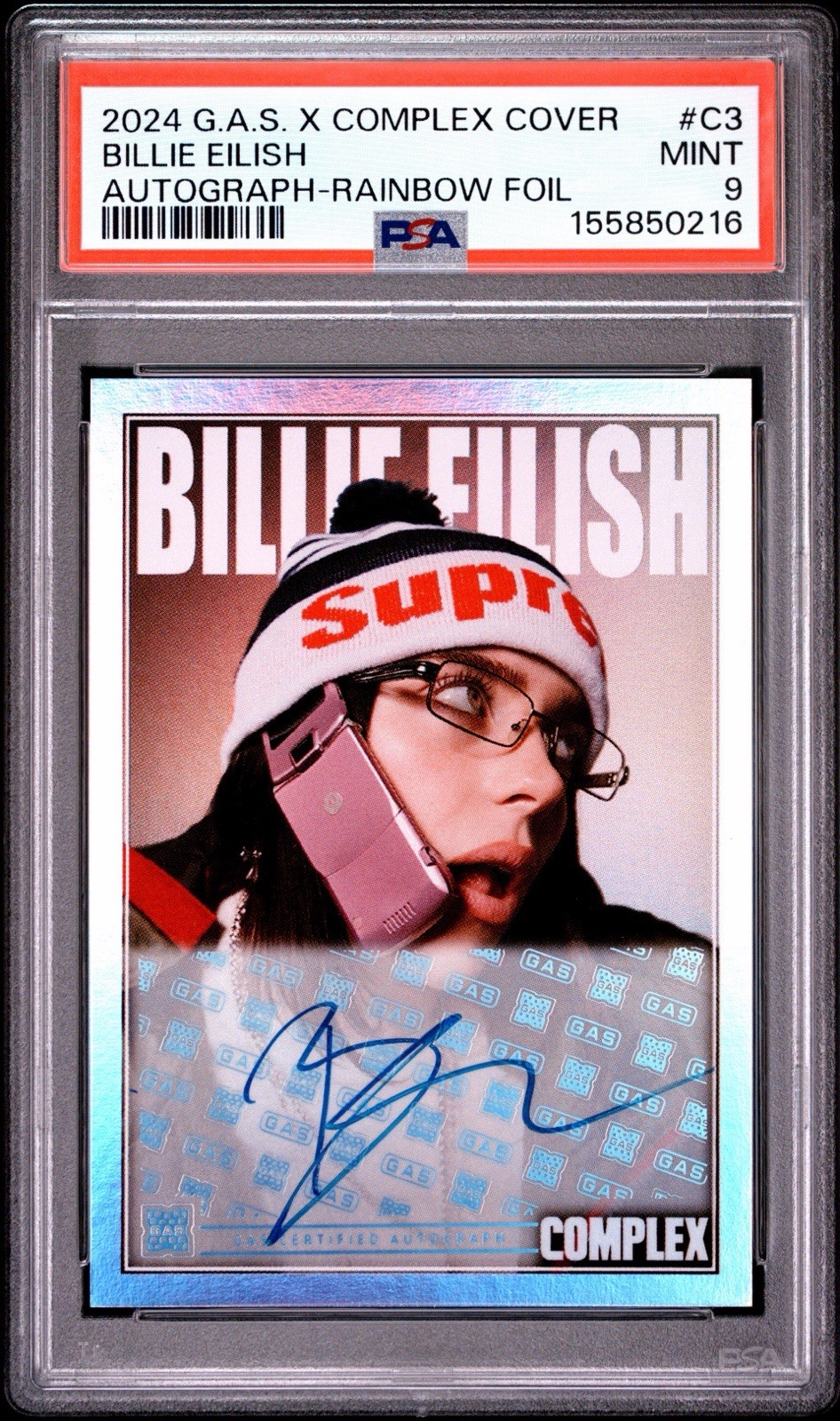 BILLIE EILISH AUTO RAINBOW FOIL /40 PSA 9 MINT 2024 GAS X COMPLEX AUTOGRAPH C3