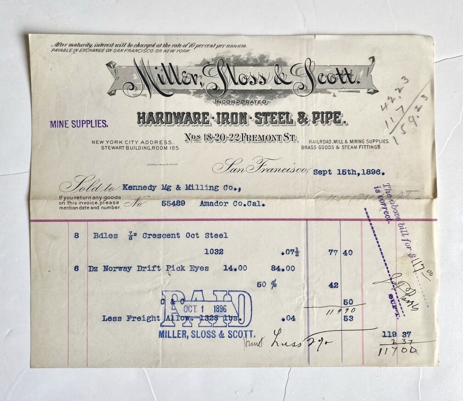 Antique 1896 Billhead Miller Sloss Scott Hardware San Francisco CA Mine Mill USA