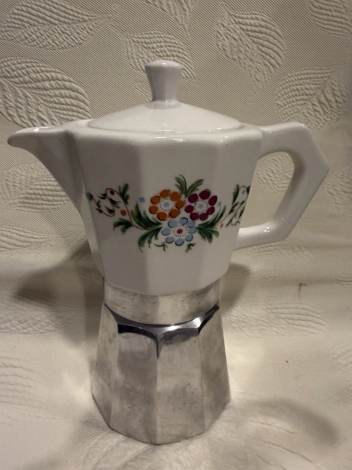 Vintage Italian  Aluminum And Ceramic Stove top Expresso Maker