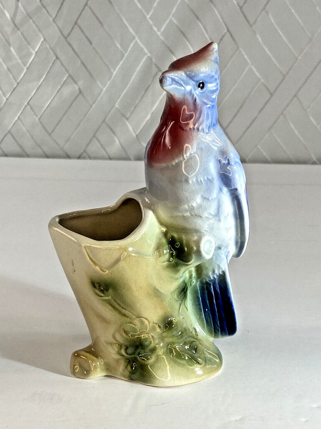 Royal Copley Blue Jay Bird w/Berry in Mouth Ceramic Planter Figure Cottagecore