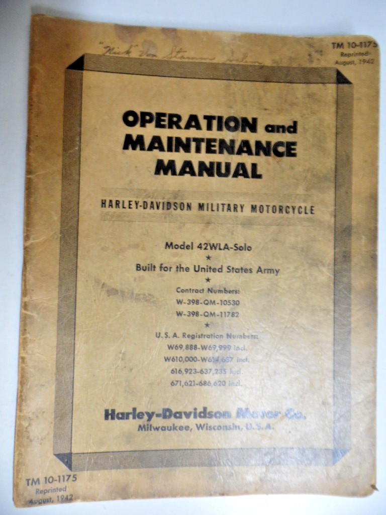 1942 OPERATION & MAINTENANCE MANUAL FOR HARLEY-DAVIDSON 42WLA-SOLO USED WWII