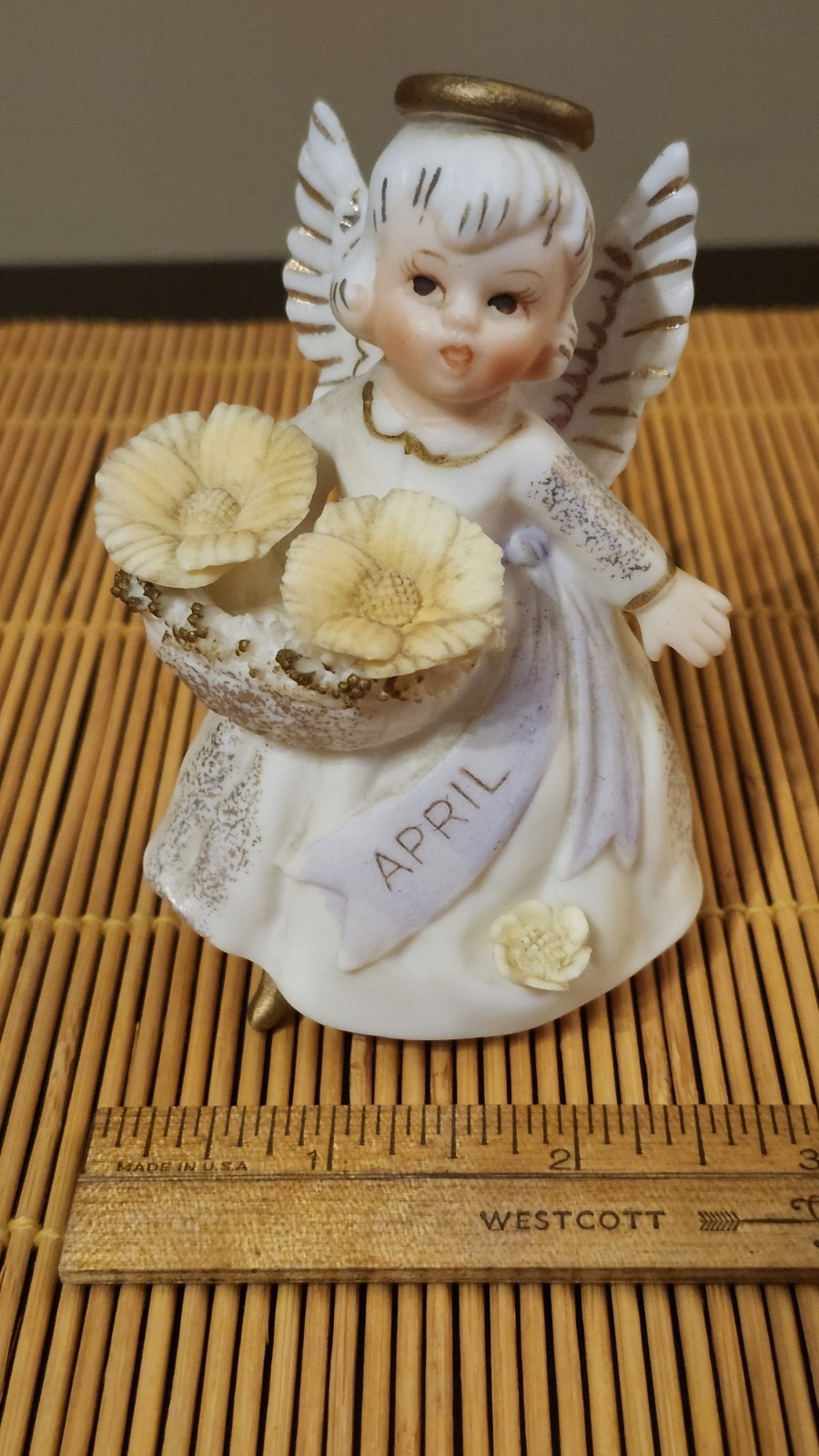 Lefton April Angel Figurine Hand Painted Ceramic White Gold Yellow