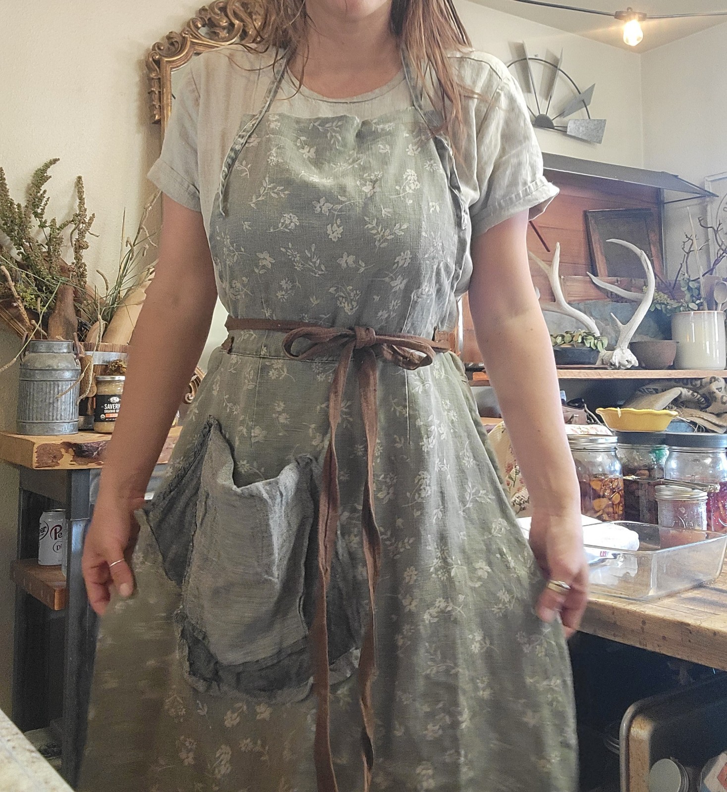 Vintage Handmade 100% Linen Upcycled Art Apron Boho Cottagecore Lagenlook Long M