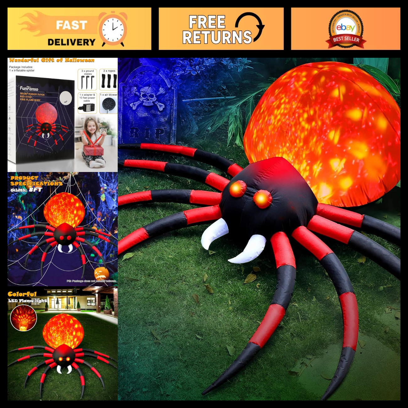 8FT Halloween Inflatable Spider Yard Decor with LED Flame Light - Spooky Outdoor