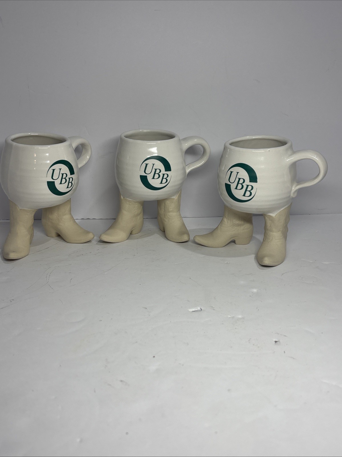 3 Vintage Art Pottery Ceramic Clay Standing Coffee Mugs W/ Cowboy Western Boots