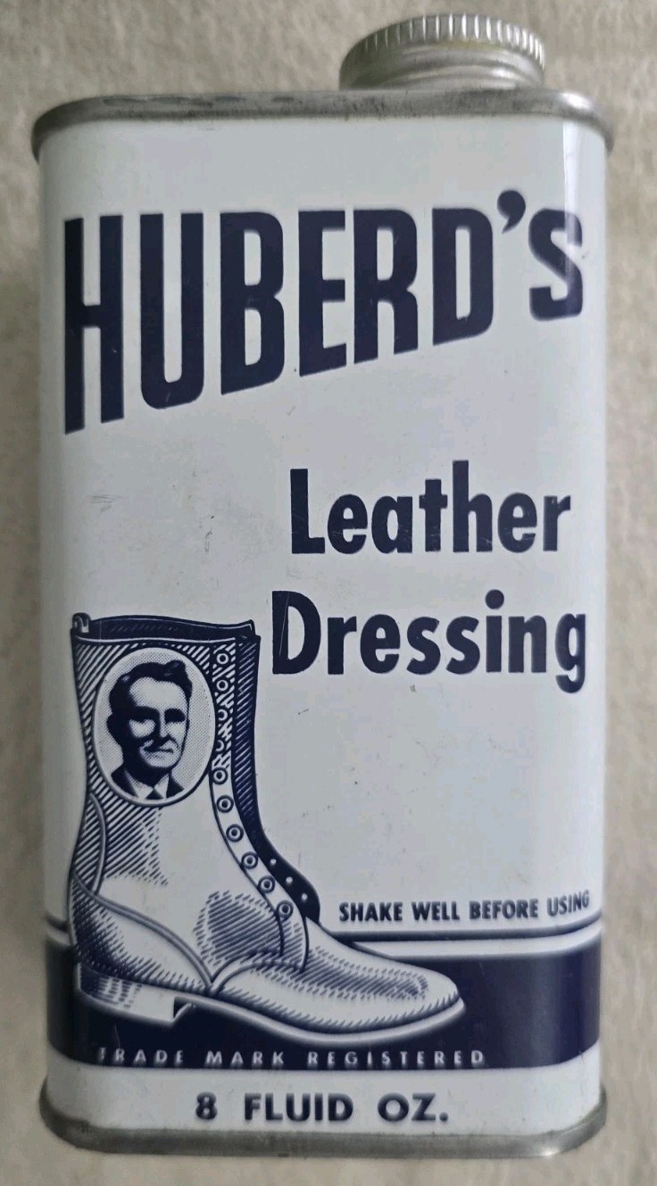 HUBERD'S LEATHER DRESSING  Vintage METAL TIN CAN empty 5x2 1/2