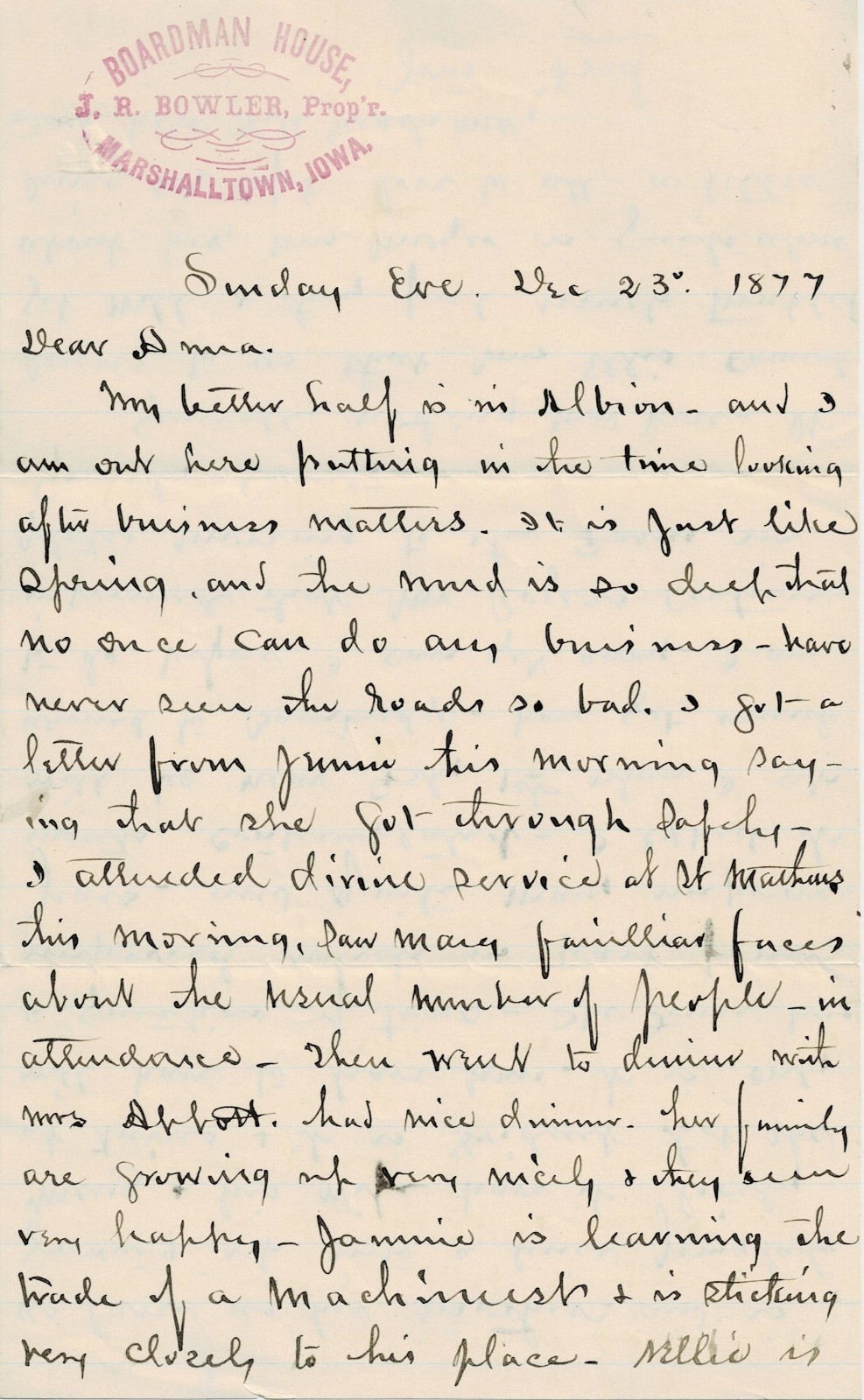 1877 Letter from Marshalltown, IA probably to Chenango County, NY