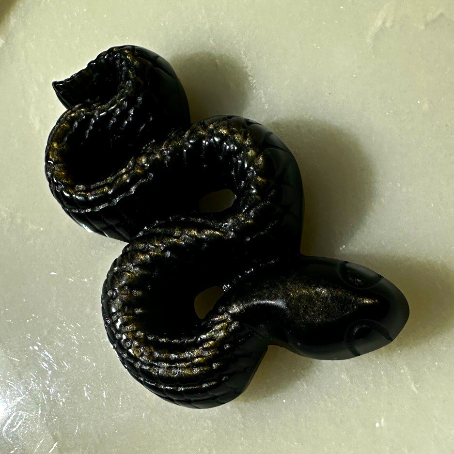 🐍 Natural Golden Sheen Obsidian Snake Carving – 76.3mm | Gold Flash Serpent 