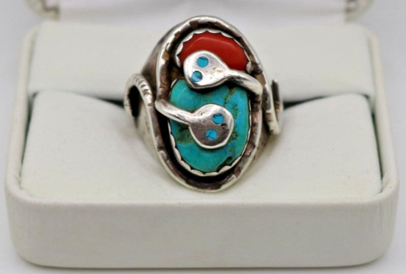 Vintage Zuni Effie C. Sterling Silver Turquoise Snake Ring Size 12 Heavy 21g