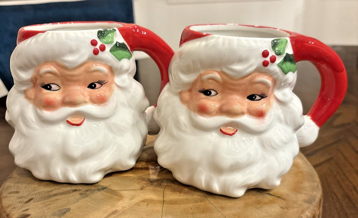 TWO Extra Large Santa Christmas Mugs Ceramic Cocoa Coffee, Holiday Decor