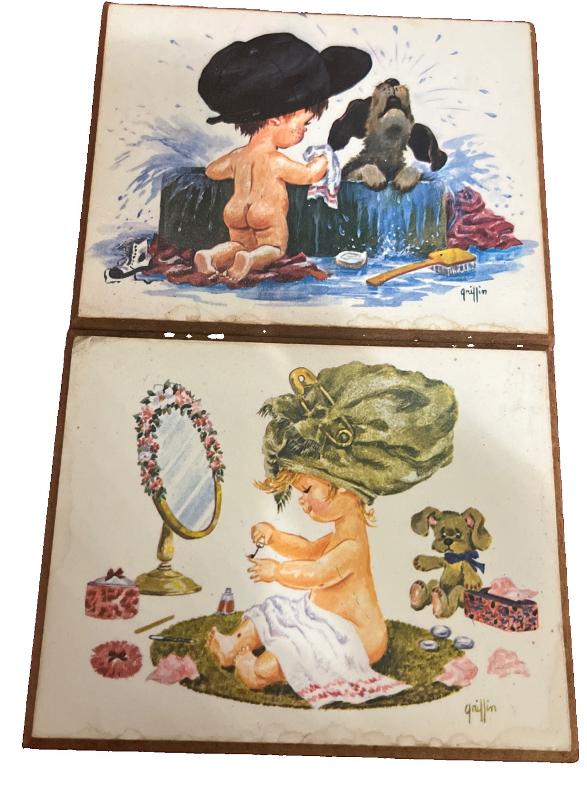 Vintage Mid Century Anna Griffin Wall Art Plaques Pair Kids & Puppy Kitsch