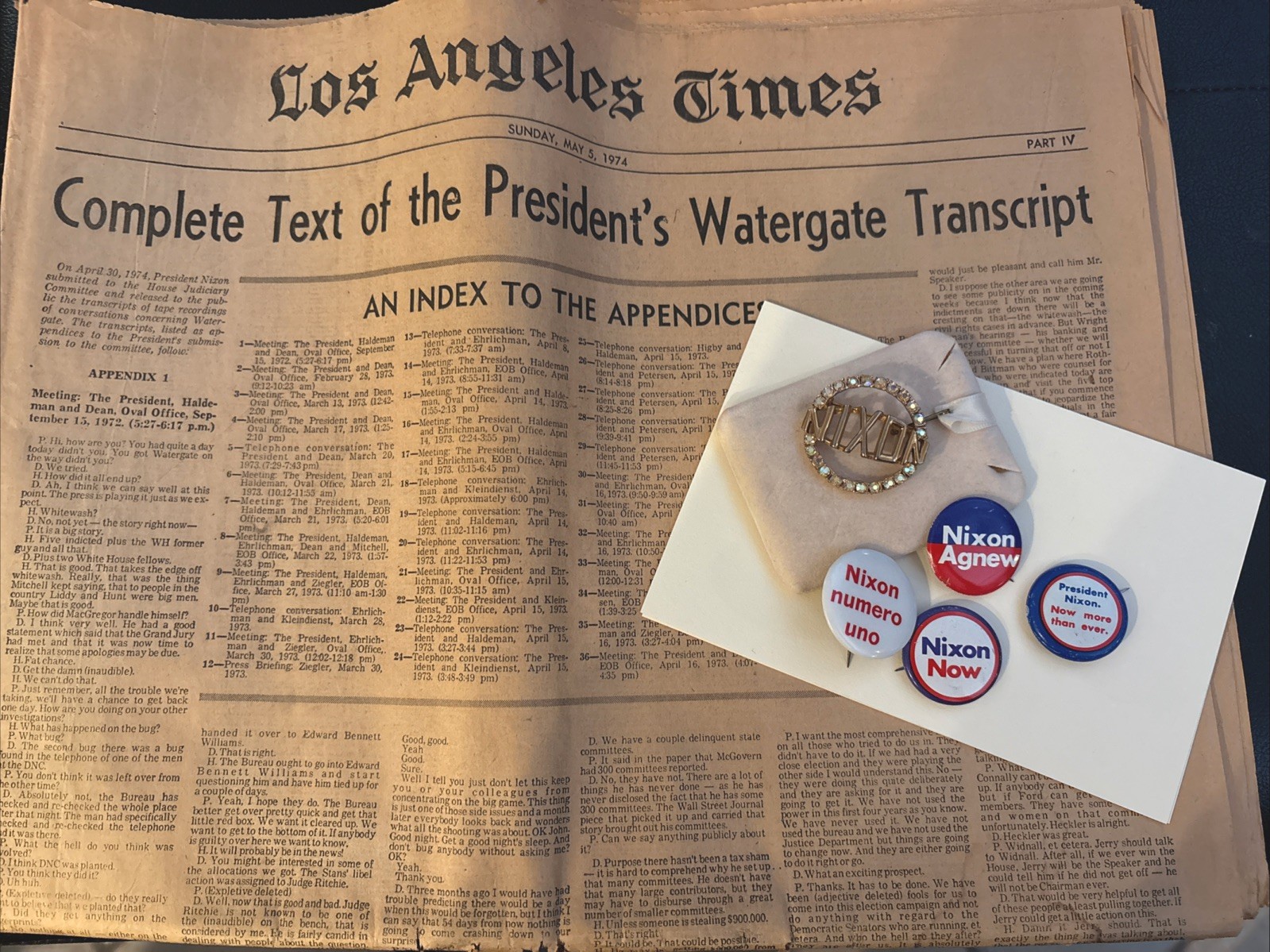 U.S. President LA Times May 5, 1974 Watergate Script+Jeweled Brooch+4 Ad Buttons