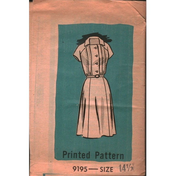 Vintage 1950s Mail Order Sewing Pattern 9195 Tuck Front Day Dress Size 14.5 FF