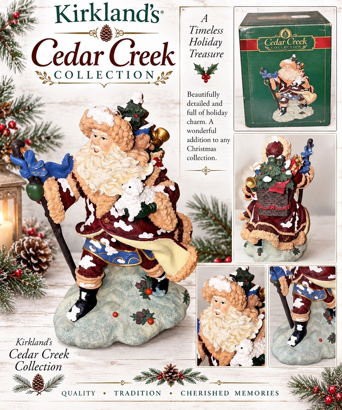 'KIRKLAND's LARGE SANTA FIGURINE CEDAR CREEK SANTA With Toy Bag, 11.5