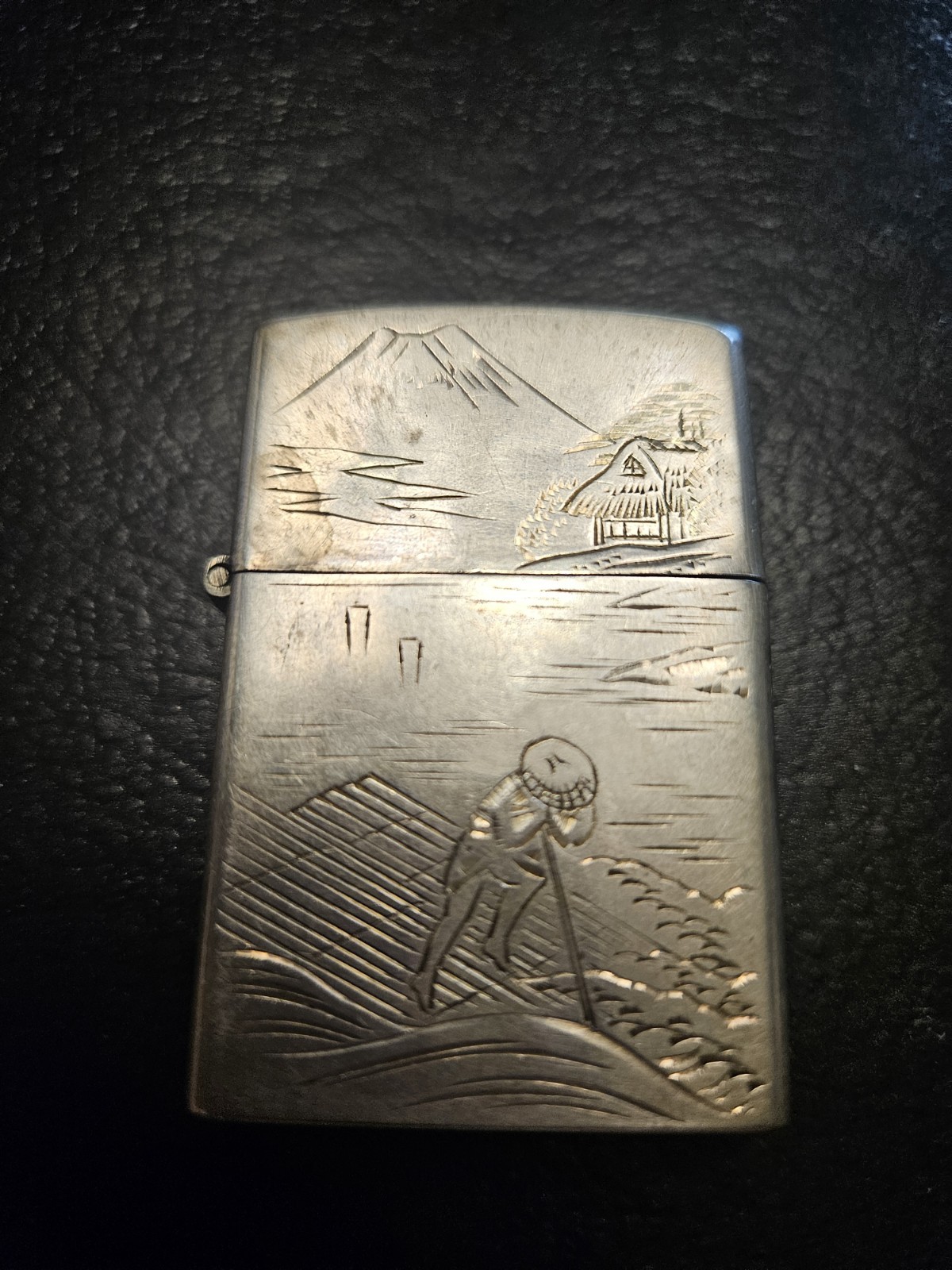 Vtg. Silver Flip-Top Pocket Lighter, Engraved Scenic Design (Mt. Fuji / Farmer)