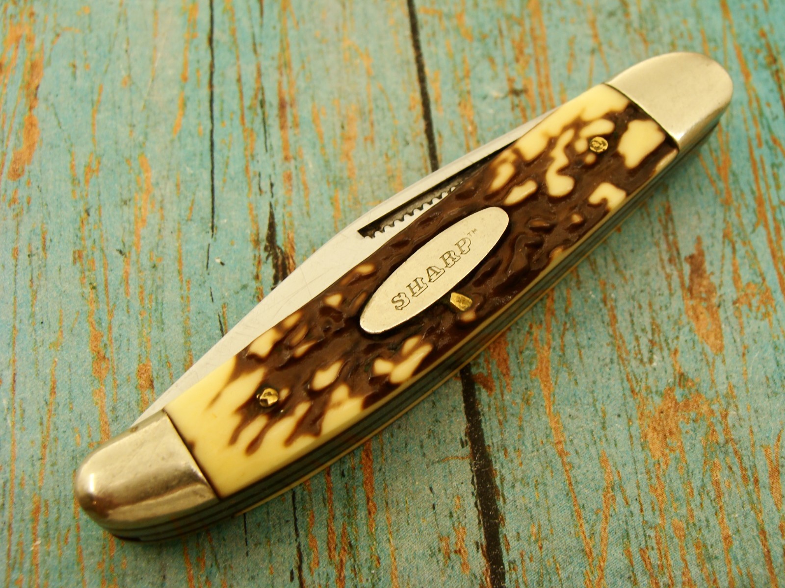 VINTAGE SHARP 380 JAPAN STAGLON DOGLEG STOCKMAN POCKET KNIFE FOLDING KNIVES TOOL