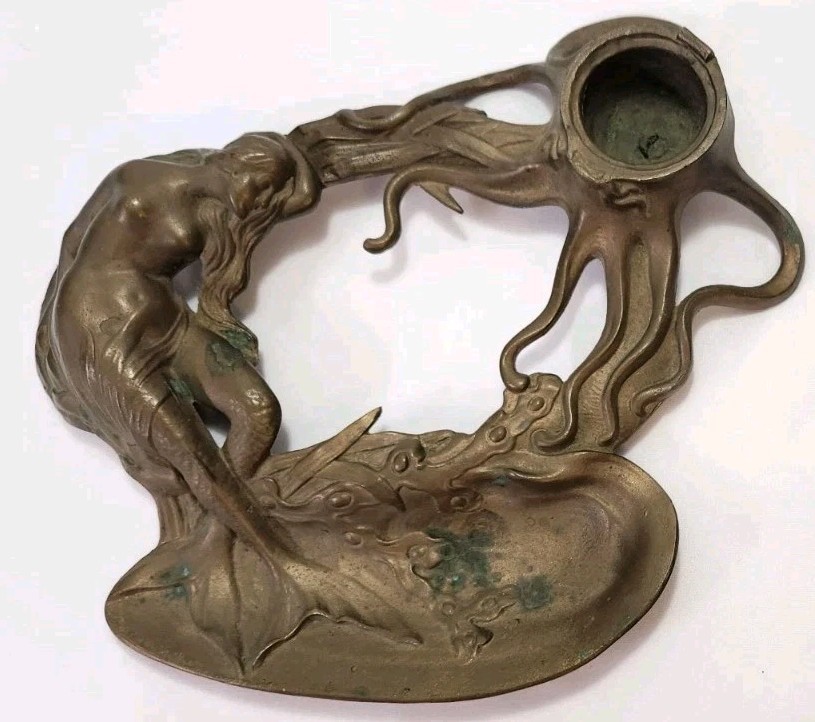 VTG ANTIQUE ART NOUVEAU BRONZE OCTOPUS MERMAID INKWELL for PARTS REPAIR