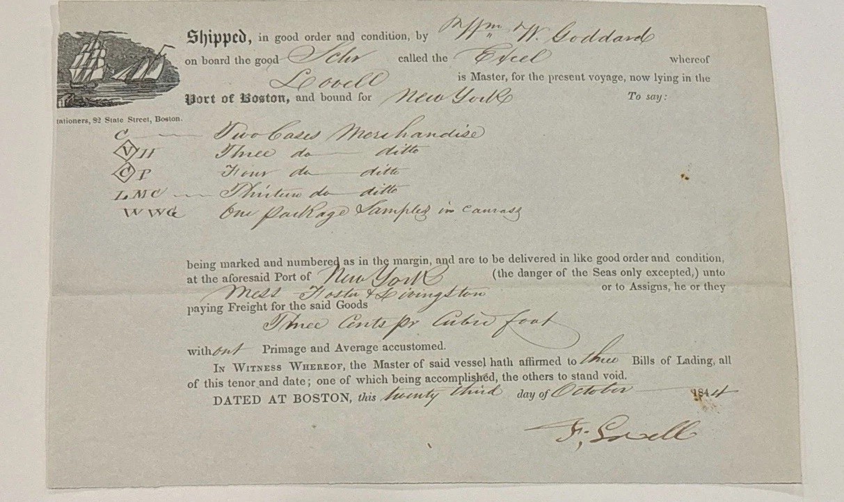 1844 Boston Bill of Lading Ship Excel New York Maritime Document