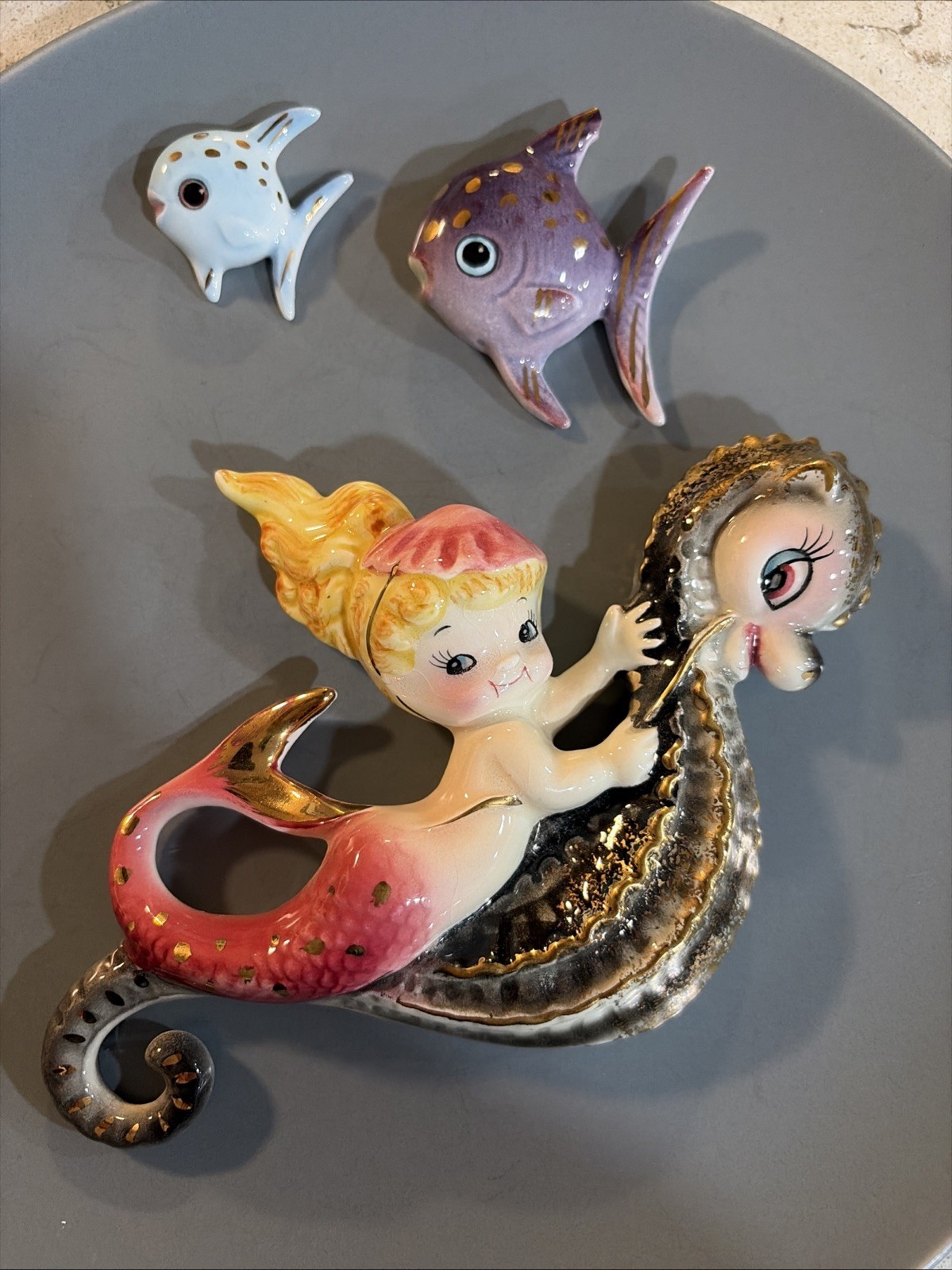 vintage   1950’s Lefton mermaid In Beret on seahorse with  2 little fish.READ