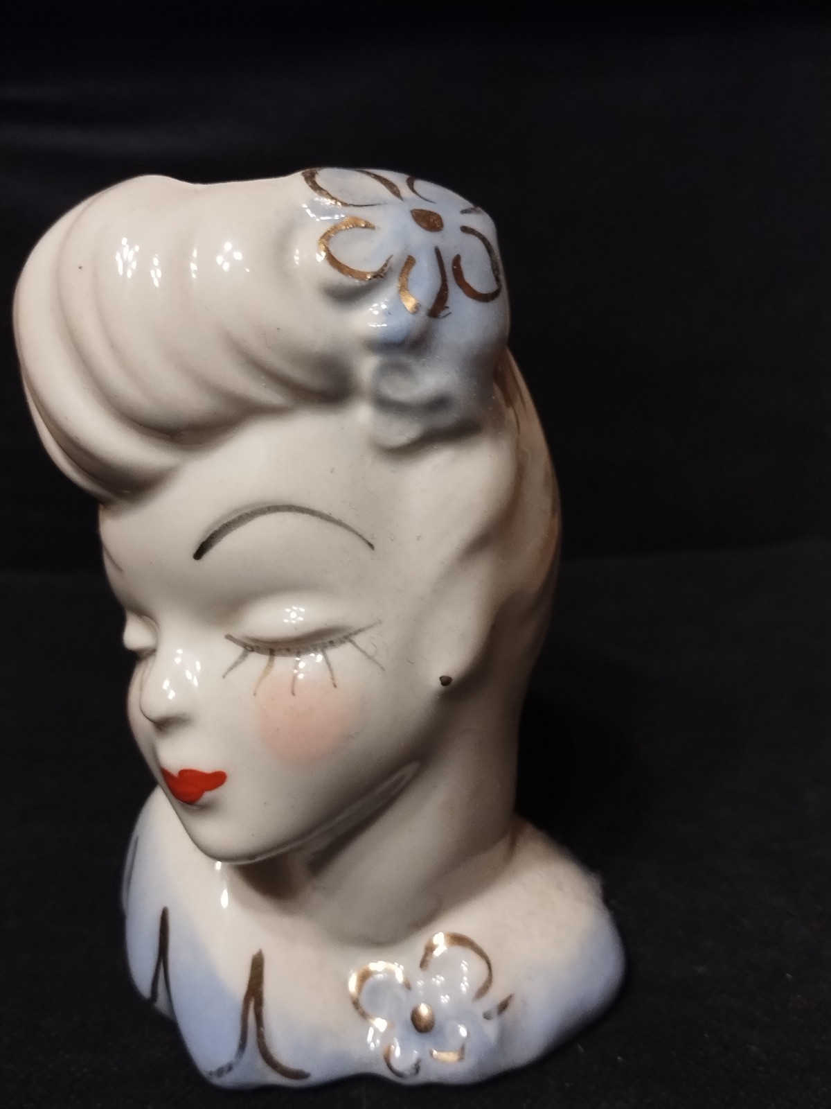 Vintage 1950s Glamor Pin-up Lady Head Vase/Planter - Blue Flower Accent