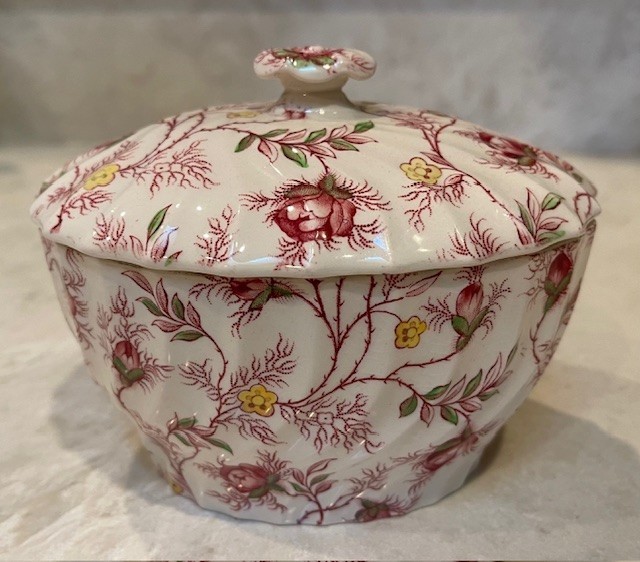 Vintage Copeland Spode England Rosebud Chintz Lidded Oval Sugar Bowl 5