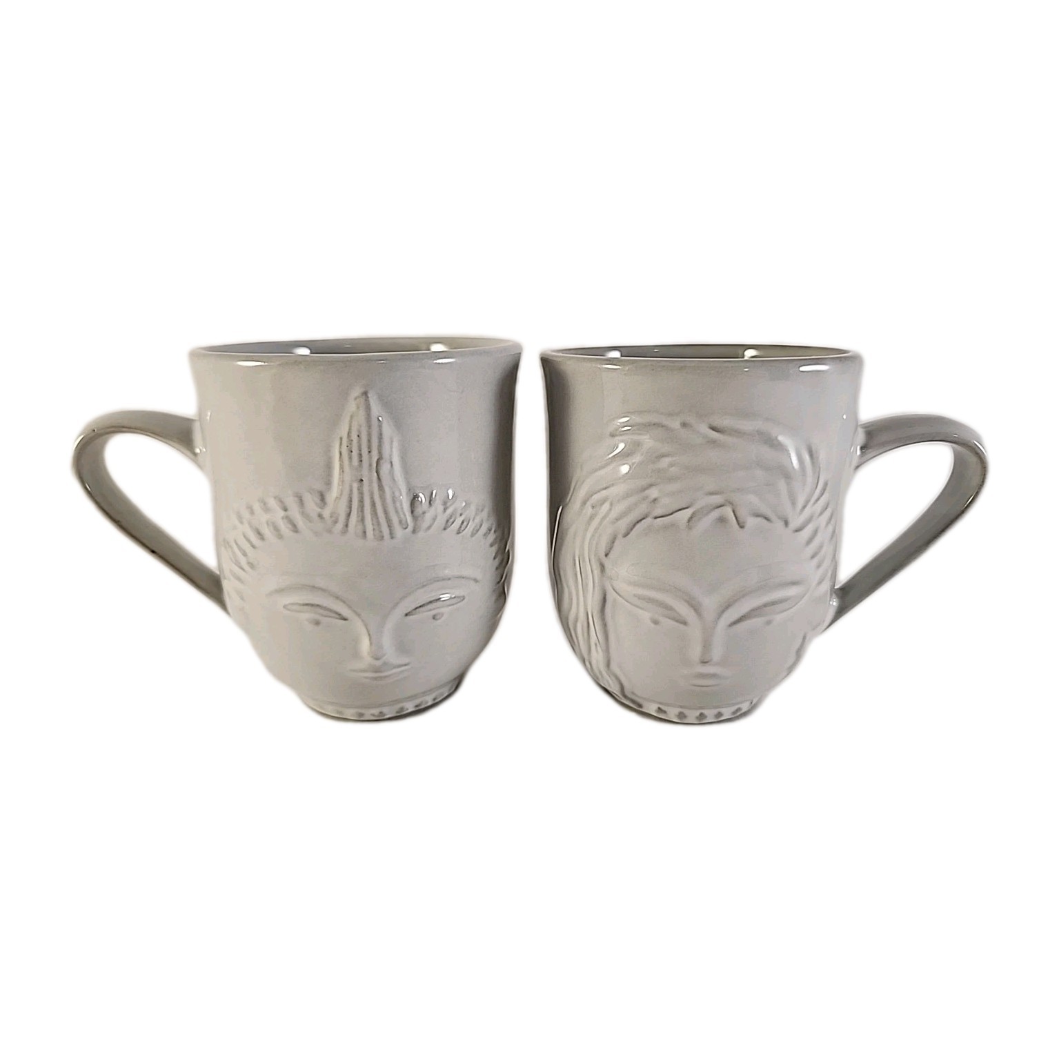 TWO Jonathan Adler RARE Utopia Two-Faced 2-Sided Mugs Ceramic Pottery Coffee Cup