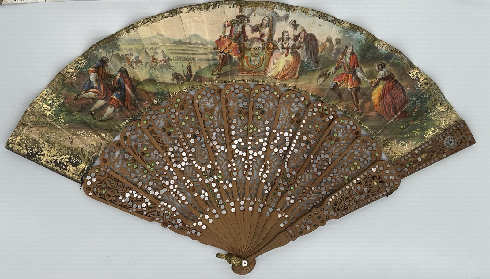 FOR REVIEW ONLY—Vintage Cuban Wood Folding Hand Fan-Inlaid Mirrors-Painted Scene