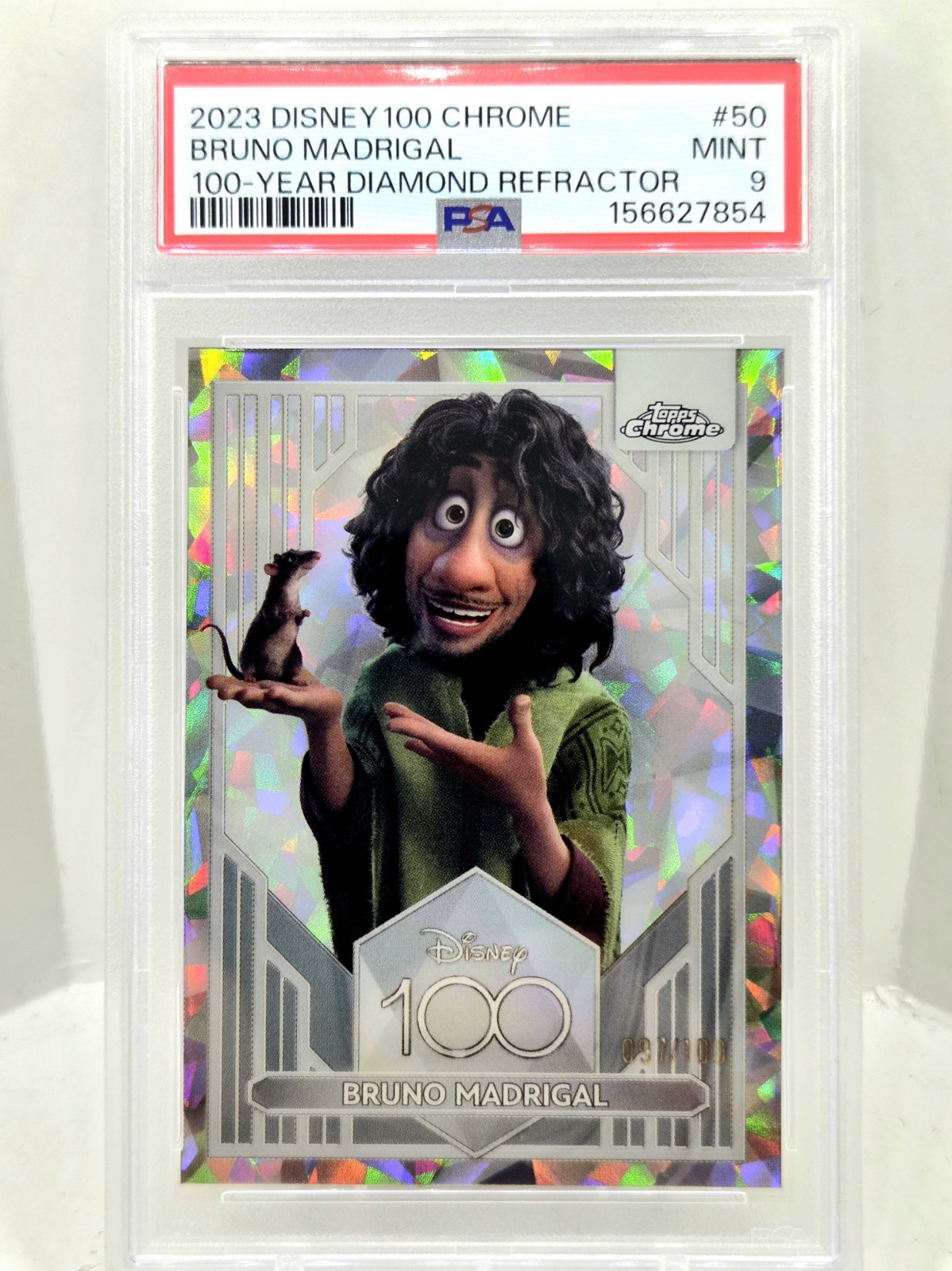2023 Topps Chrome Disney 100 Yrs Bruno Diamond Refractor 97/100 SP PSA 9 Encanto