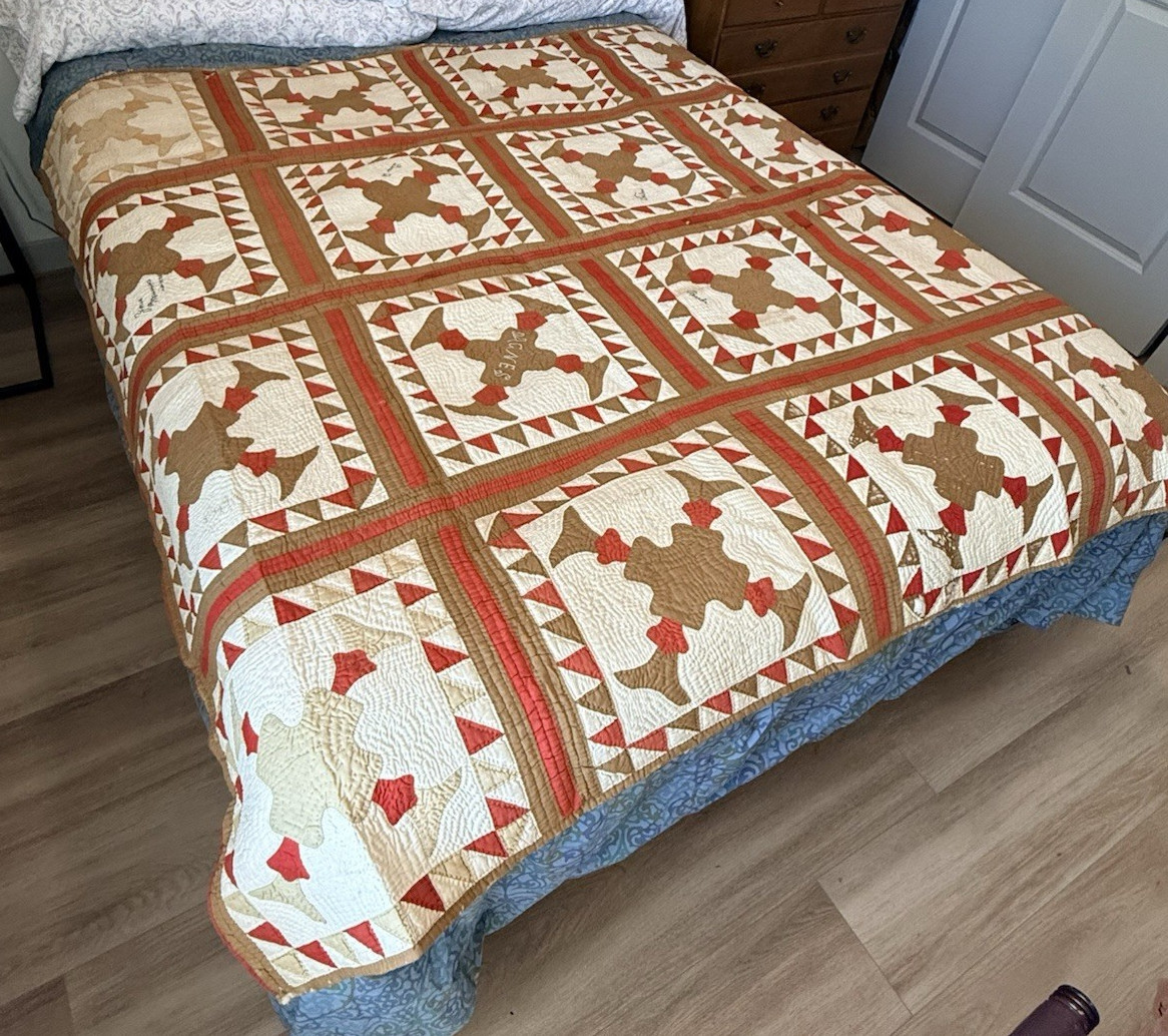 Antique Handmade Patchwork Friendship Quilt - Stitched Names, Dated 1898, 80x69