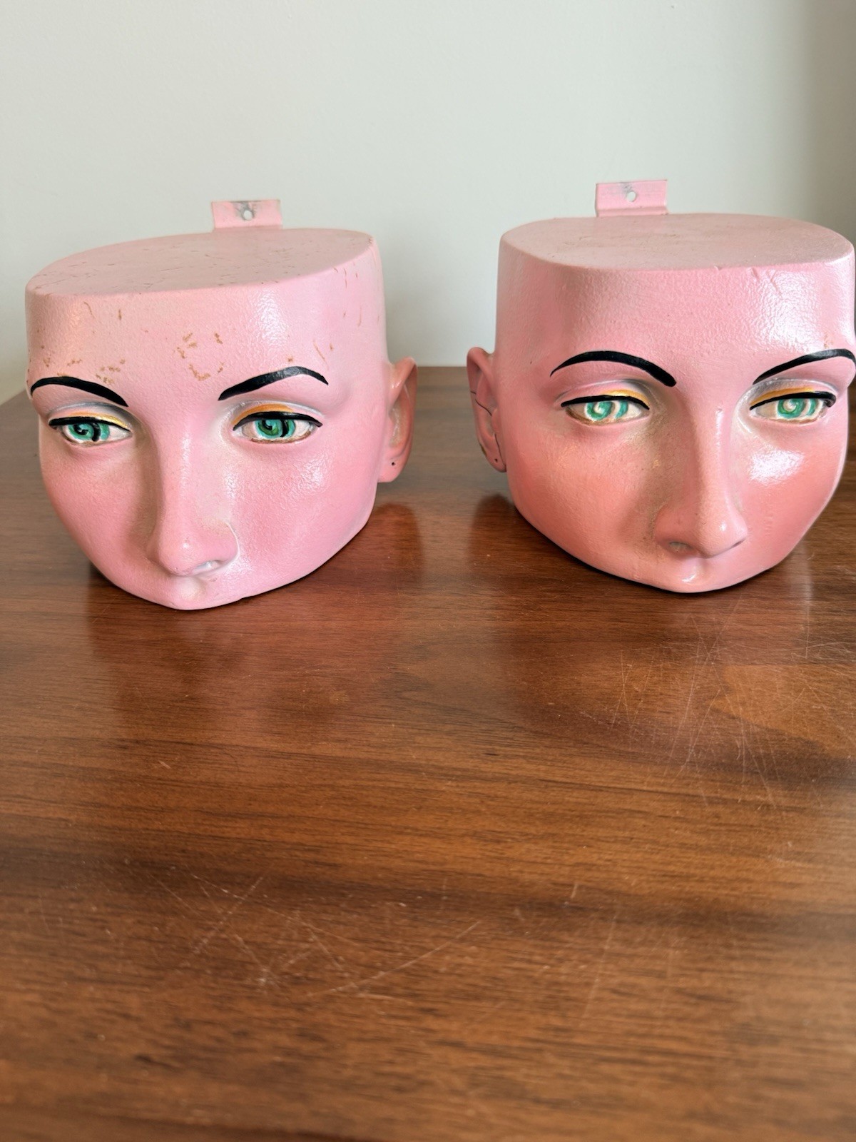 Vintage 50s Mid Century Mannequin Heads Pair Wall Display Pink Plaster Chalkware