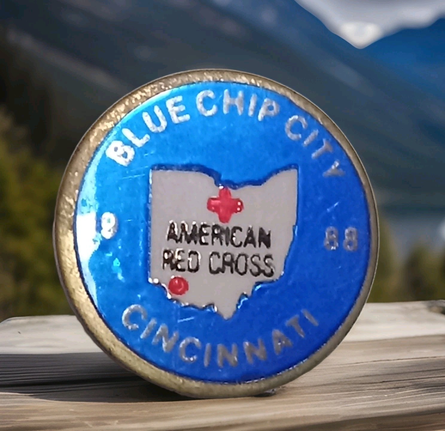 Vintage 1988 Blue Royal Chip Cincinnati Ohio Red CROSS  LAPEL Hat Pin Estate B4
