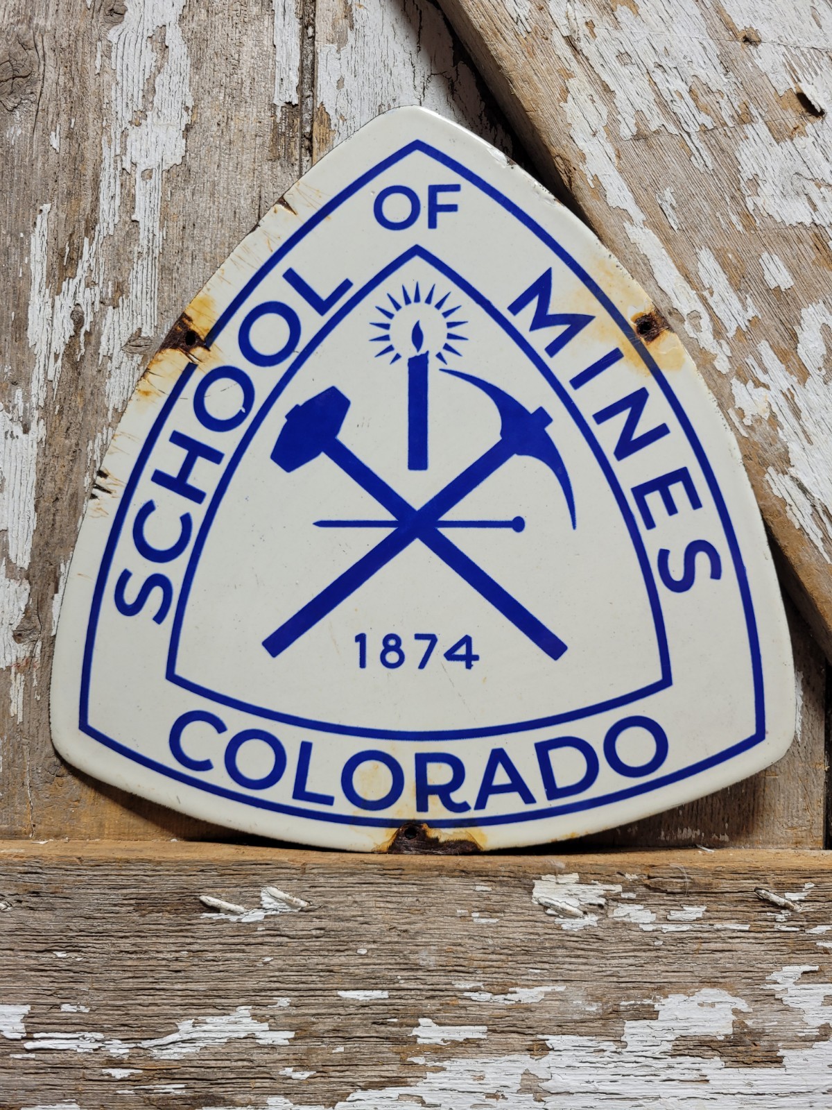 VINTAGE COLORADO SCHOOL OF MINES PORCELAIN SIGN OLD GOLD MINING MINER COLLEGE