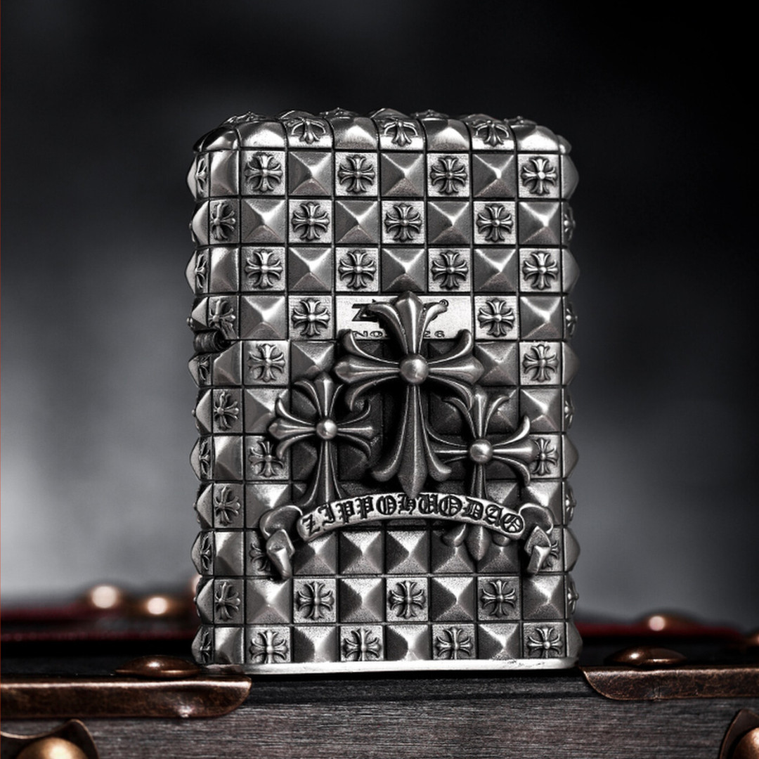 Zippo Silver Heavy Armor Cross Lighter – Engraved Windproof Design