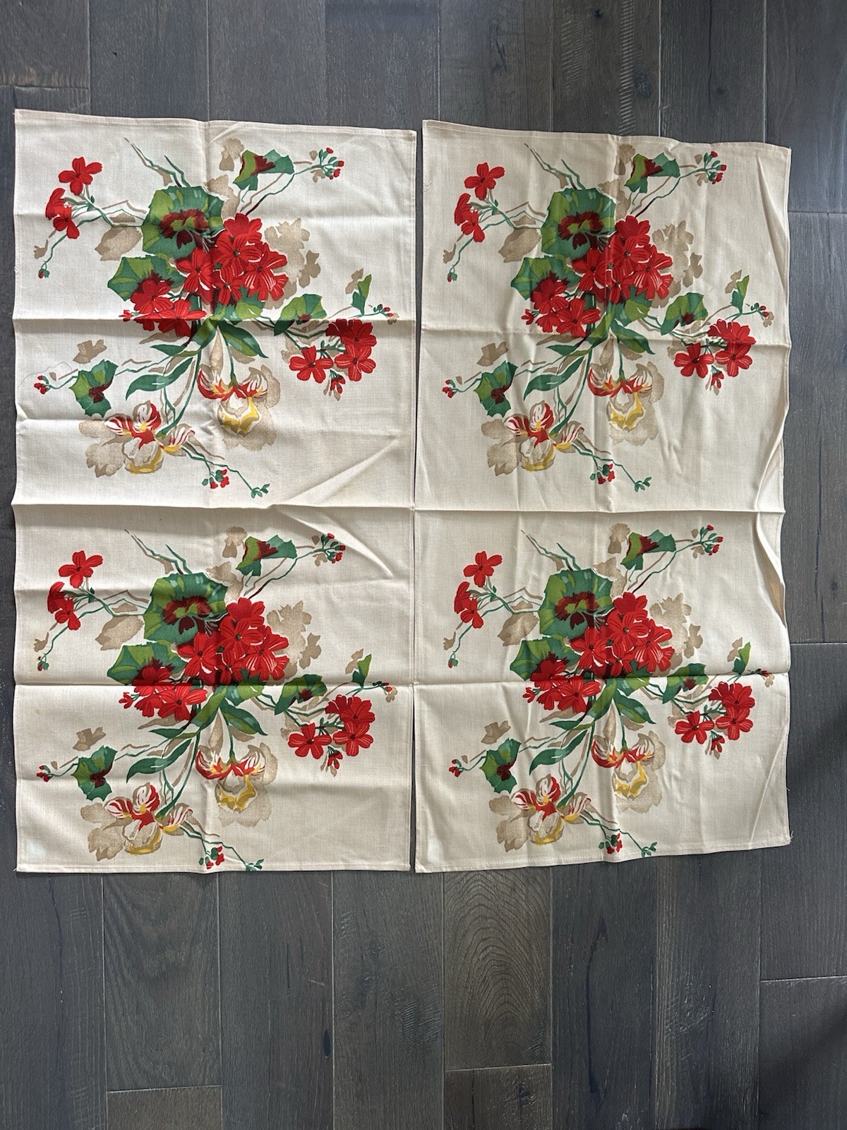 Beautiful Pair Vintage Mid-Century Floral Table Dresser Linens, New Old Stock
