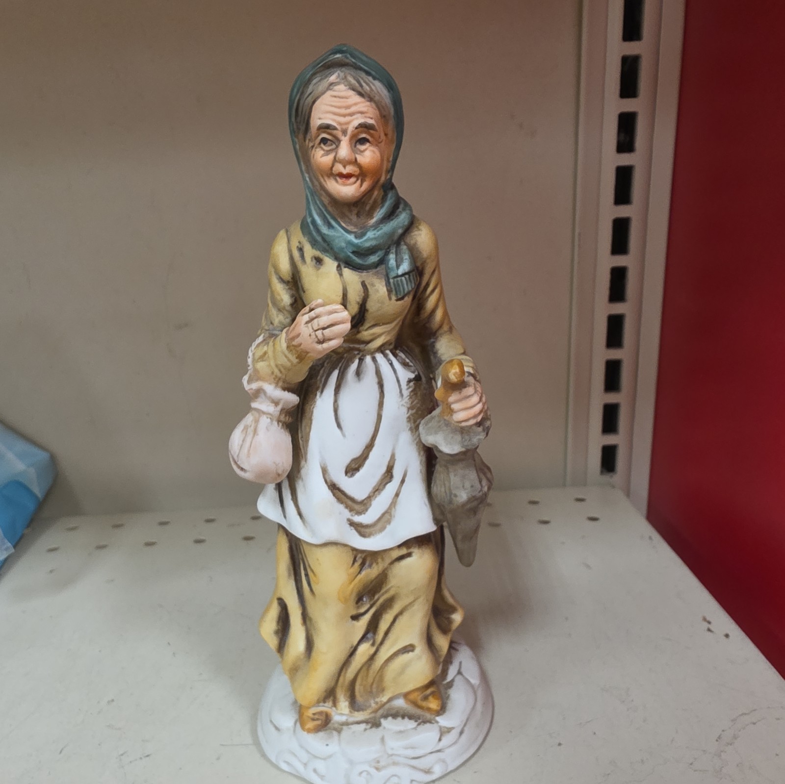 Vintage Porcelain Figurine Old Lady w/ Umbrella, purse, wearing a head scarf