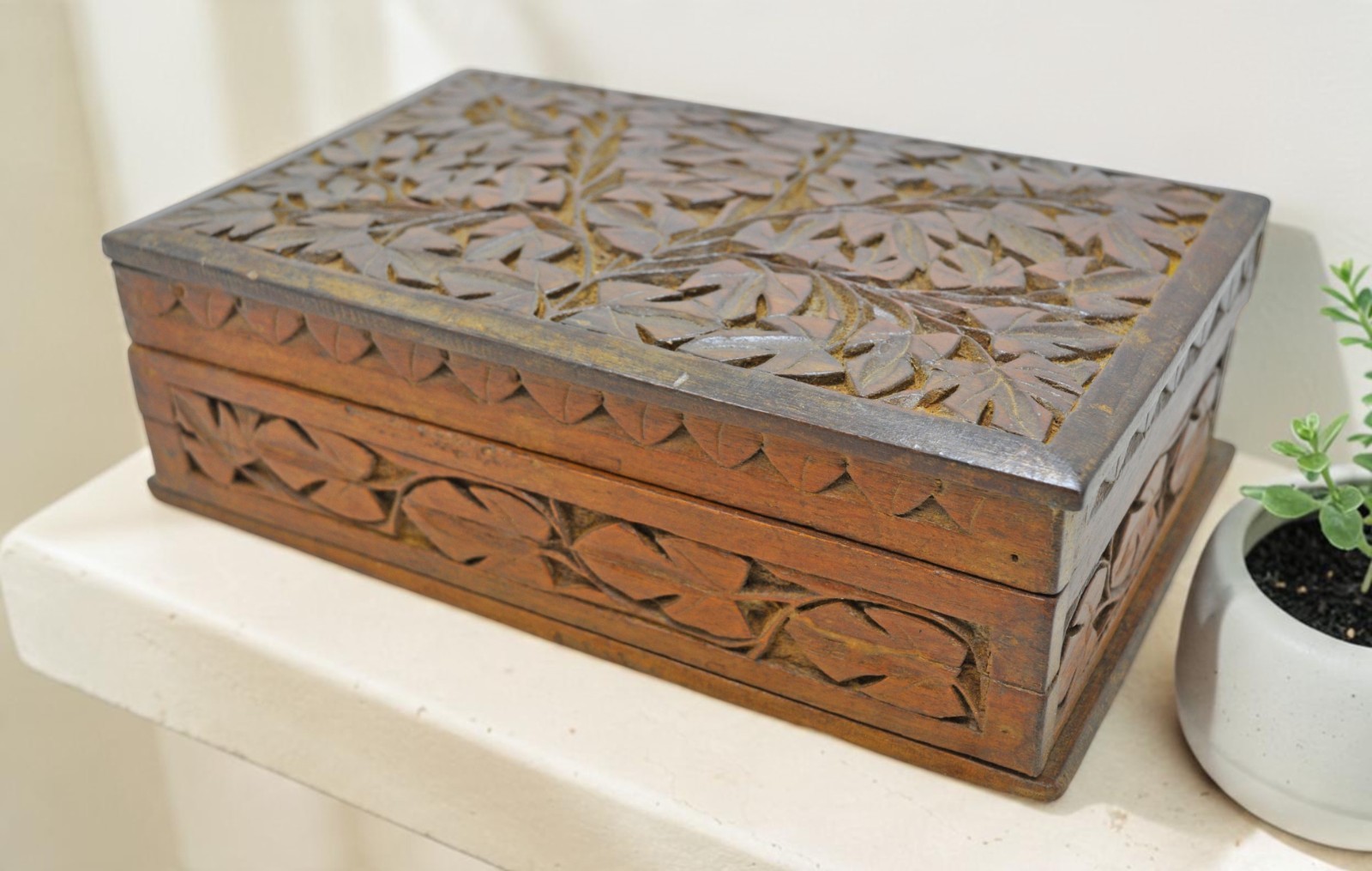 Antique Wooden Storage Box Original Old Very Fine Hand Carved