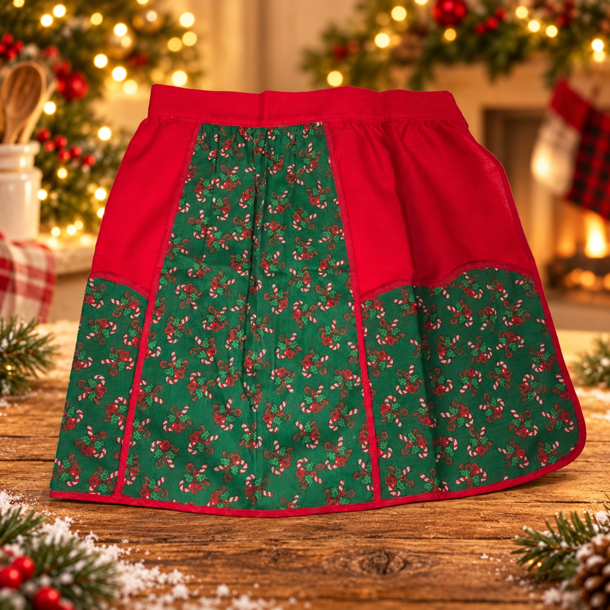 Vintage Artistic Creation Christmas Candy Cane Print Apron Skirt Red & Green NOS