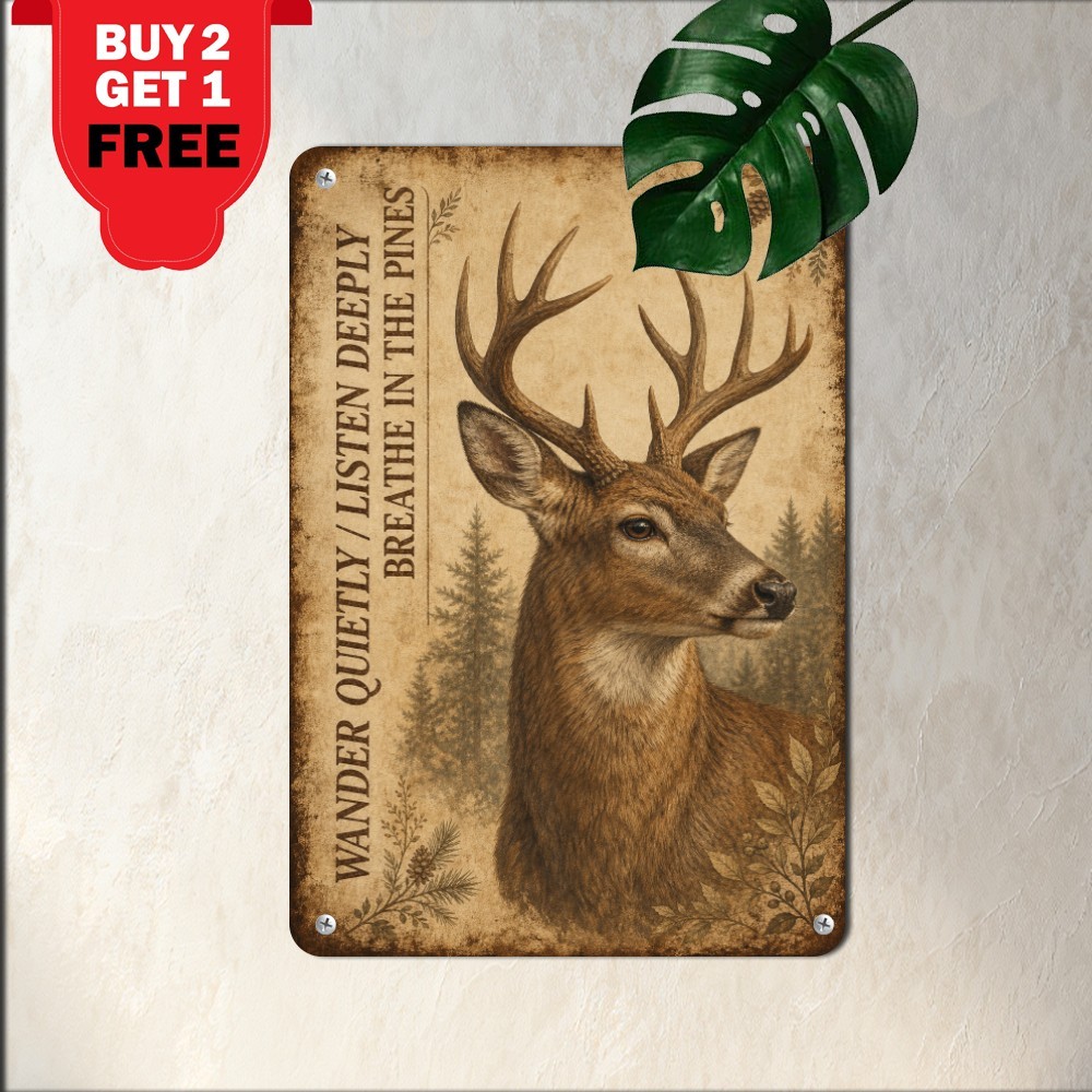 Majestic Woodland Deer Forest Quote Poster Sign Rustic Cabin Metal Tin Plaque