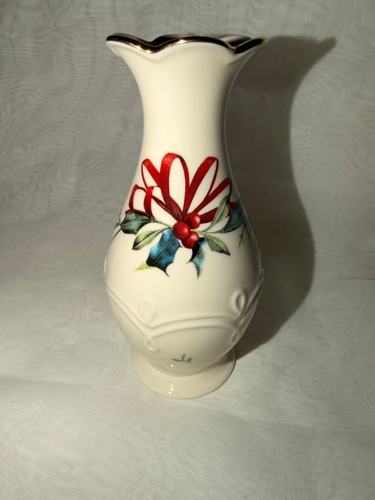 Vintage Ceramic Vase with Holiday Design and Gold Trim