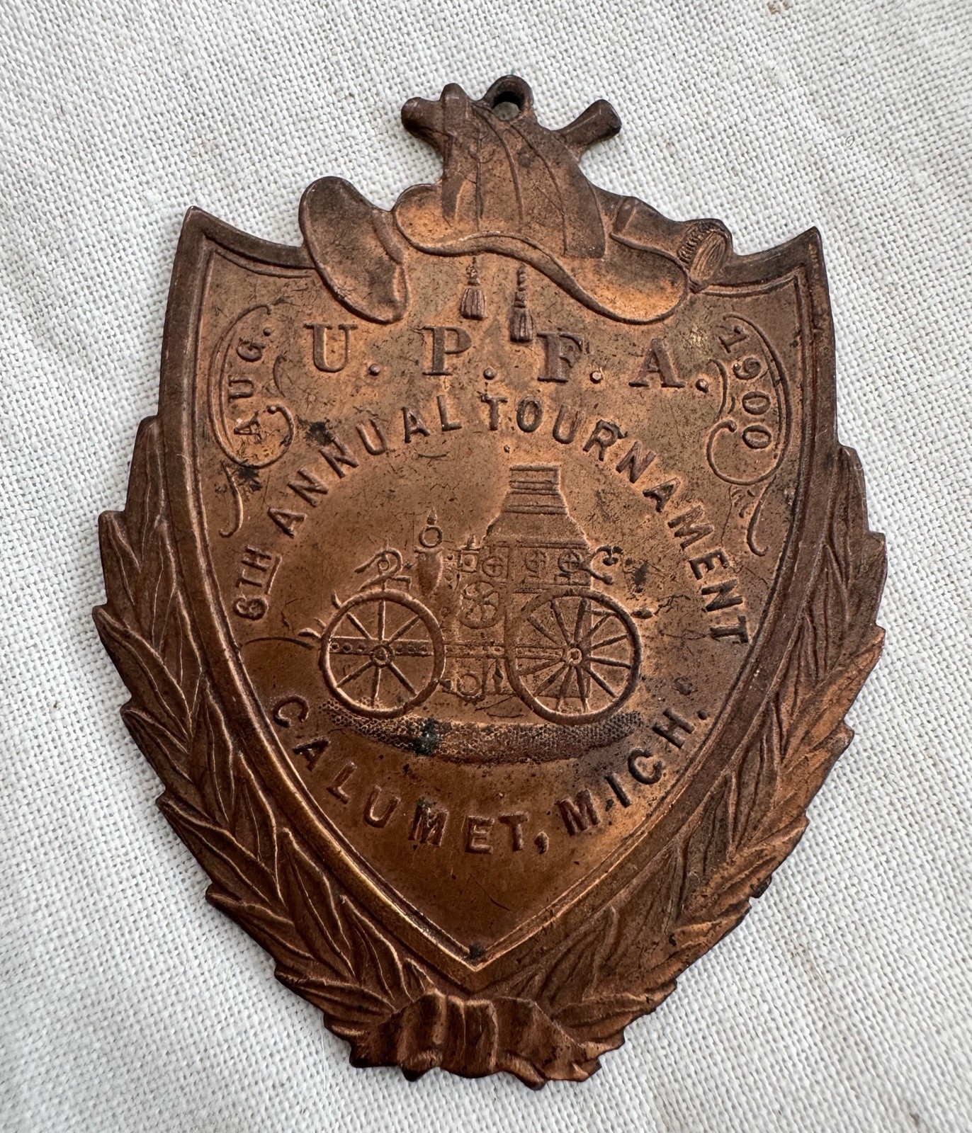 1900 U.P.F.A. Firemen’s Tournament Calumet MI Antique Copper Medal Schwaab