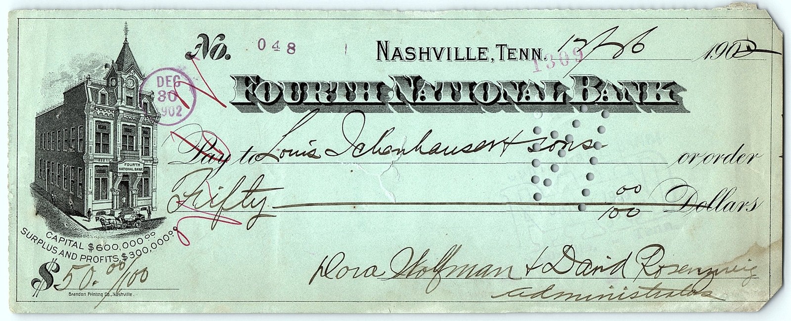 Vintage 1902 Nashville Bank $50 check Louis Schoenheuser