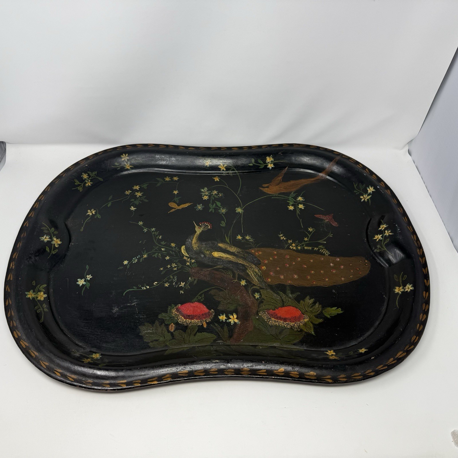 Vintage 1954 Handpainted Peacock Metal Serving Tray: Signed By Mabel Cordwell