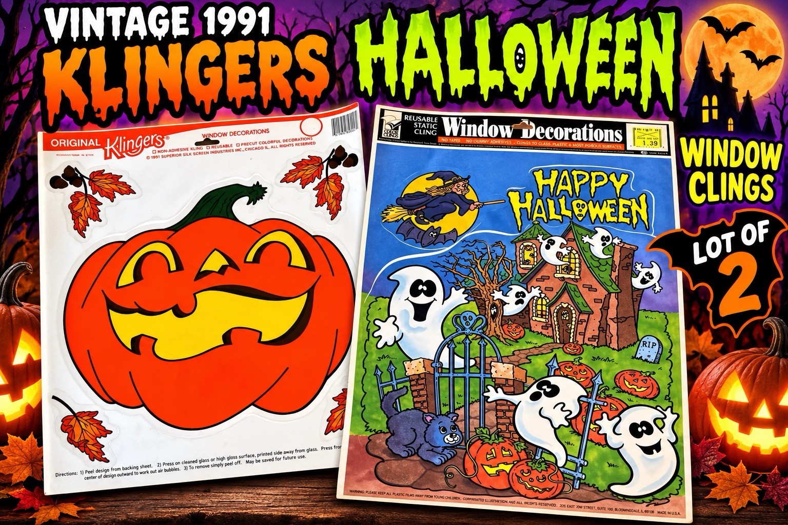 VTG 1991 Klingers Halloween Window Clings Lot 2 NOS Pumpkin Ghosts Witch