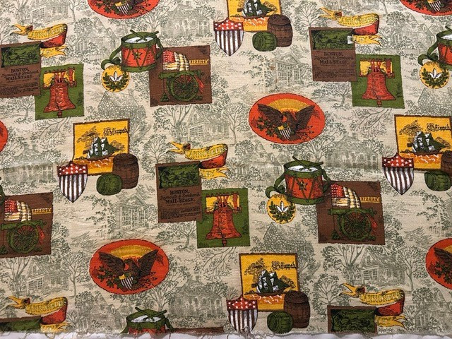 Vintage 70\'s Novelty Cotton Fabric 43X22 Boston Tea Party, Ships, Liberty Bell
