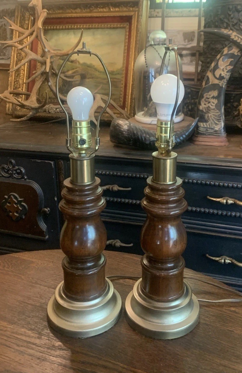 Vintage Pair MCM Solid Turned Wood Lamps 1970\'s~Nice 21\