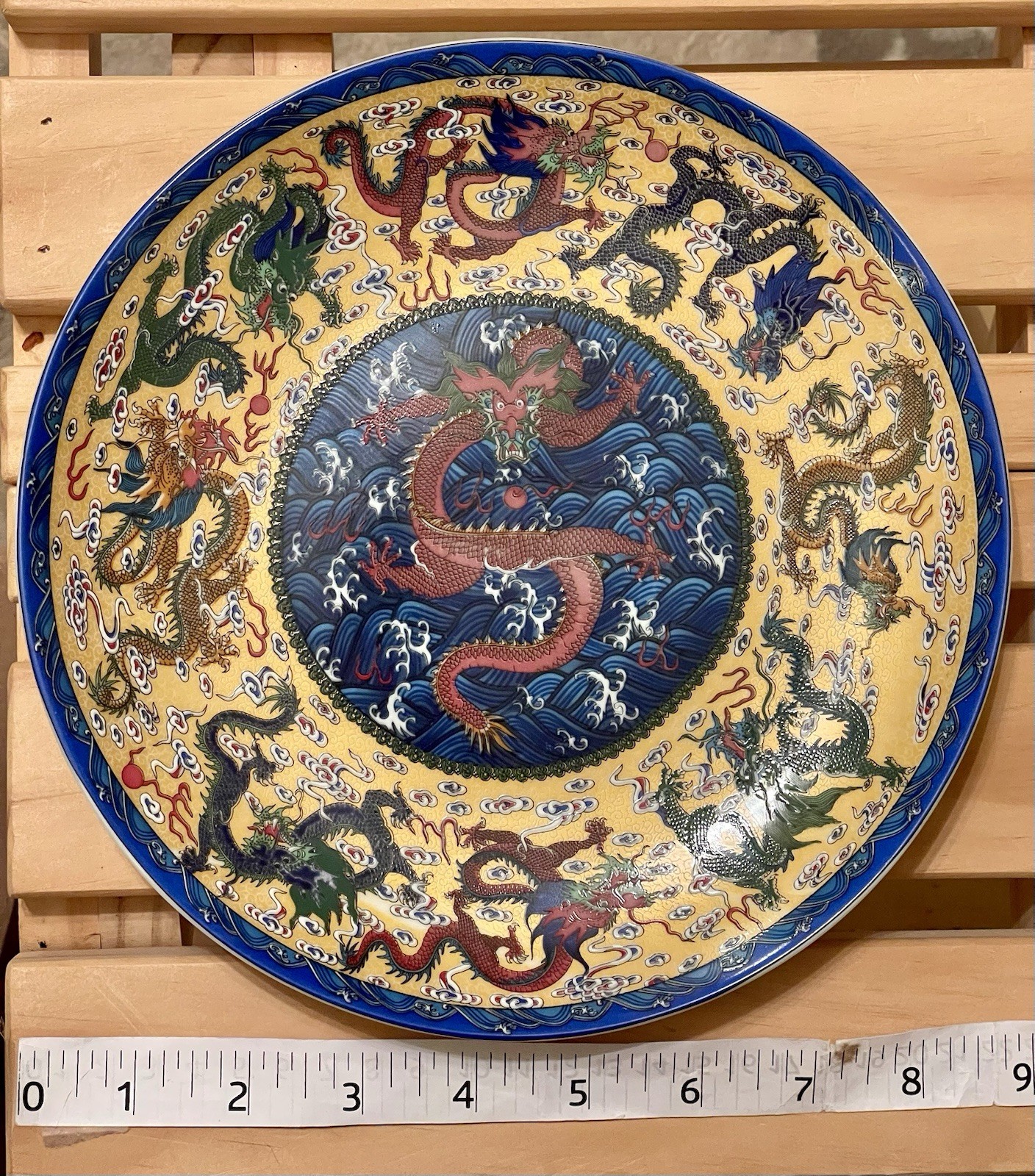 Vintage Chinese Imperial Yellow Nine Dragons Porcelain Plate 9