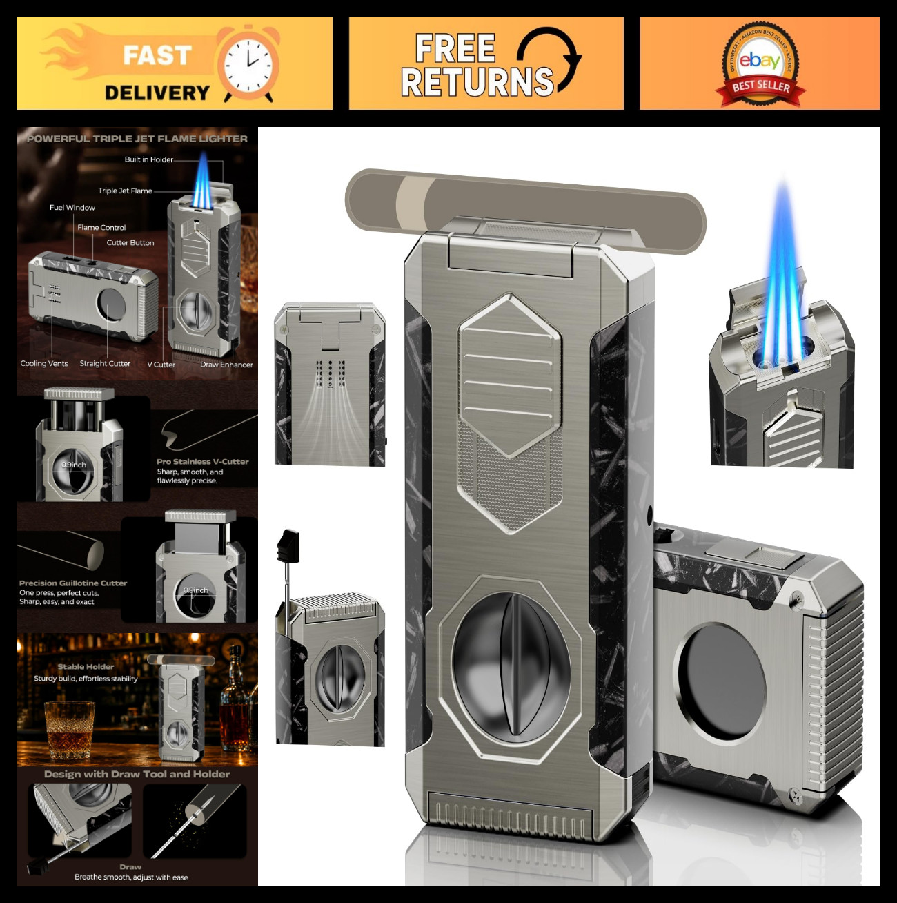5-in-1 Butane Torch Lighter, Triple Jet Flame, Windproof, Cutter & Holder, Outdo